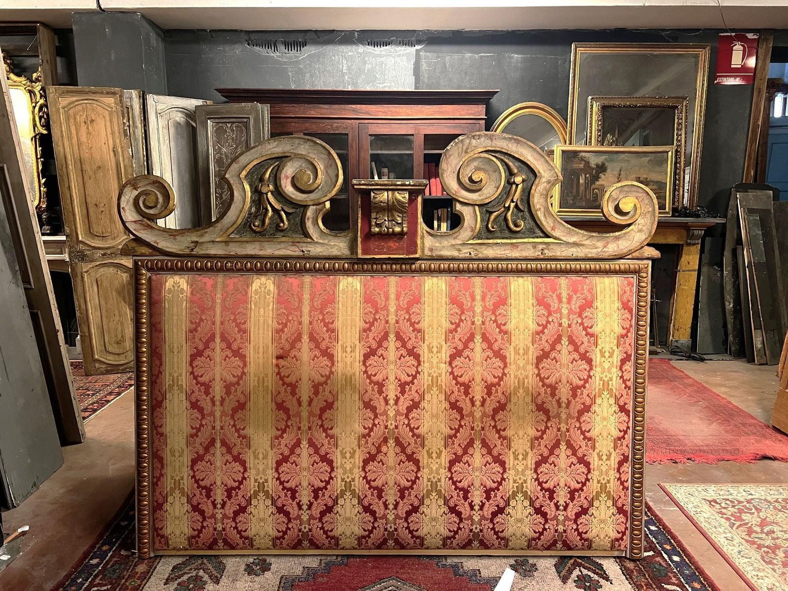 Carved, Lacquered And Damask Lined Bed Headboard, Italy photo for sale