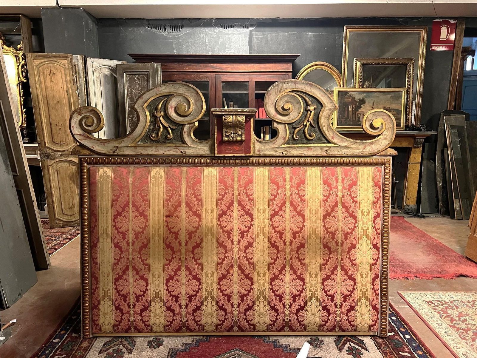 Carved, Lacquered And Damask Lined Bed Headboard, Italy photo Furniture