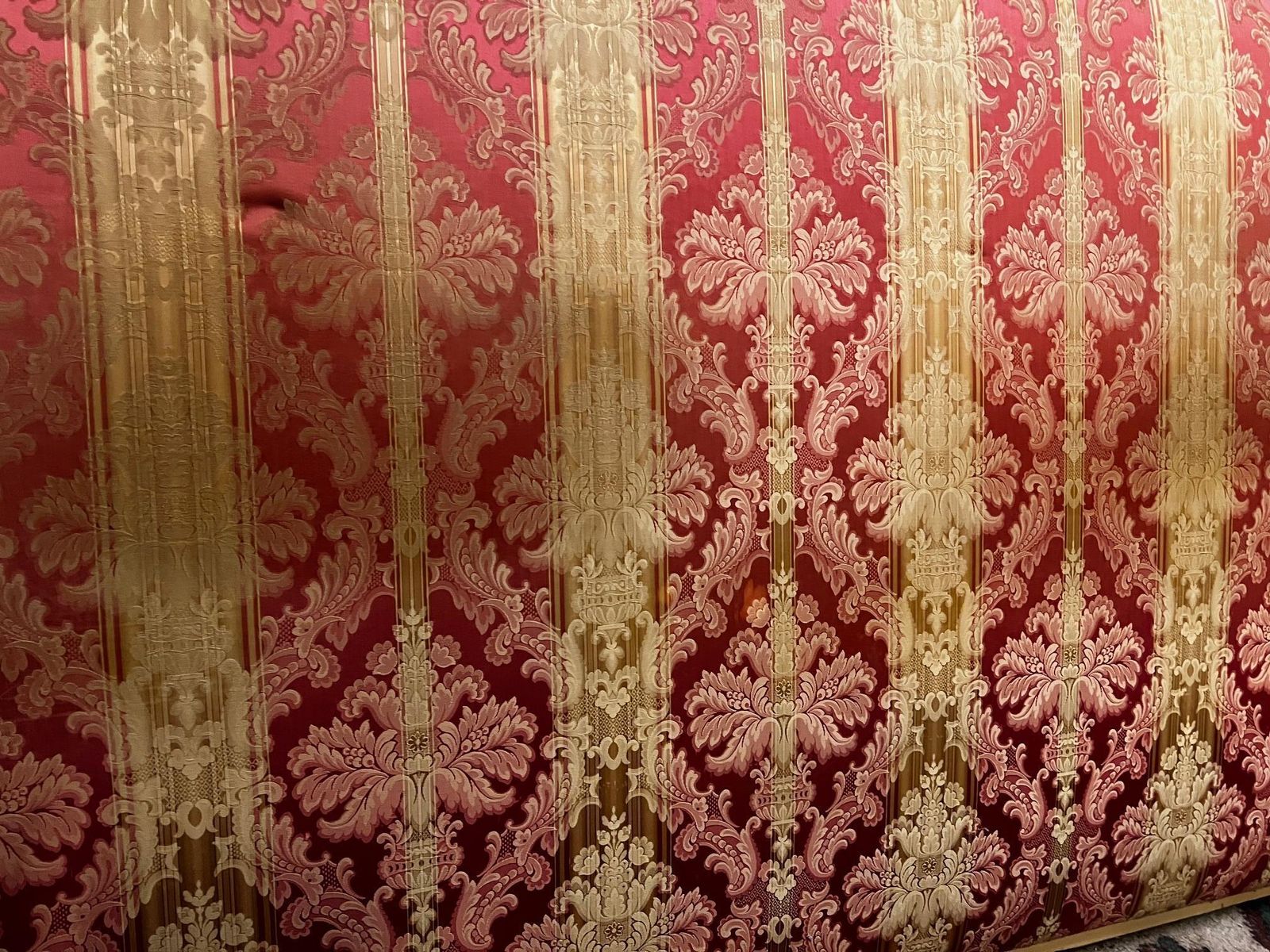photo furniture Carved, Lacquered And Damask Lined Bed Headboard, Italy