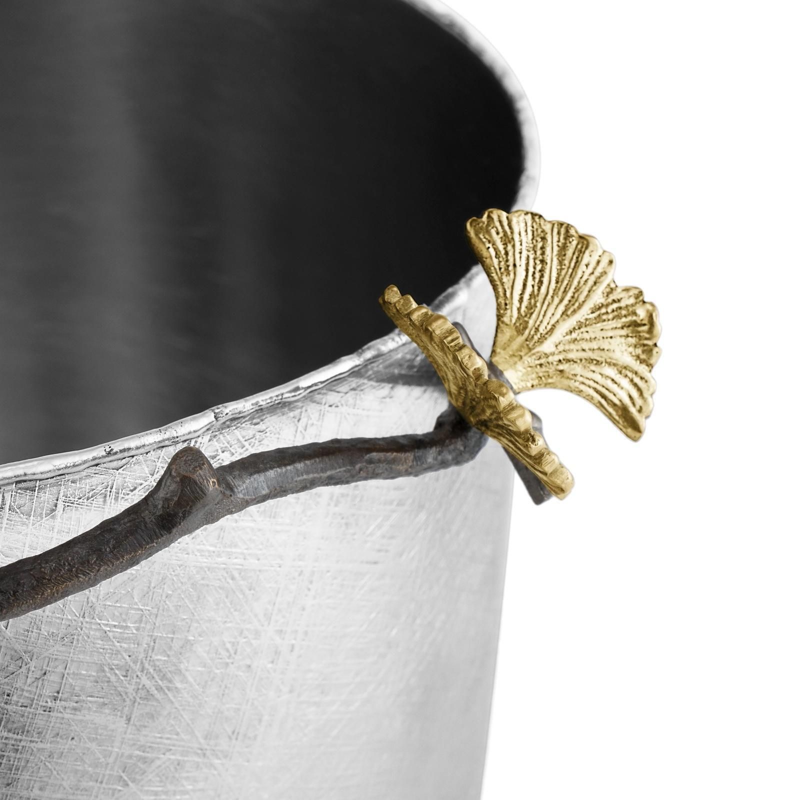 Pair Of Modern Silver Metal Ginkgo Ice Bucket, Decorative Barware photo for sale