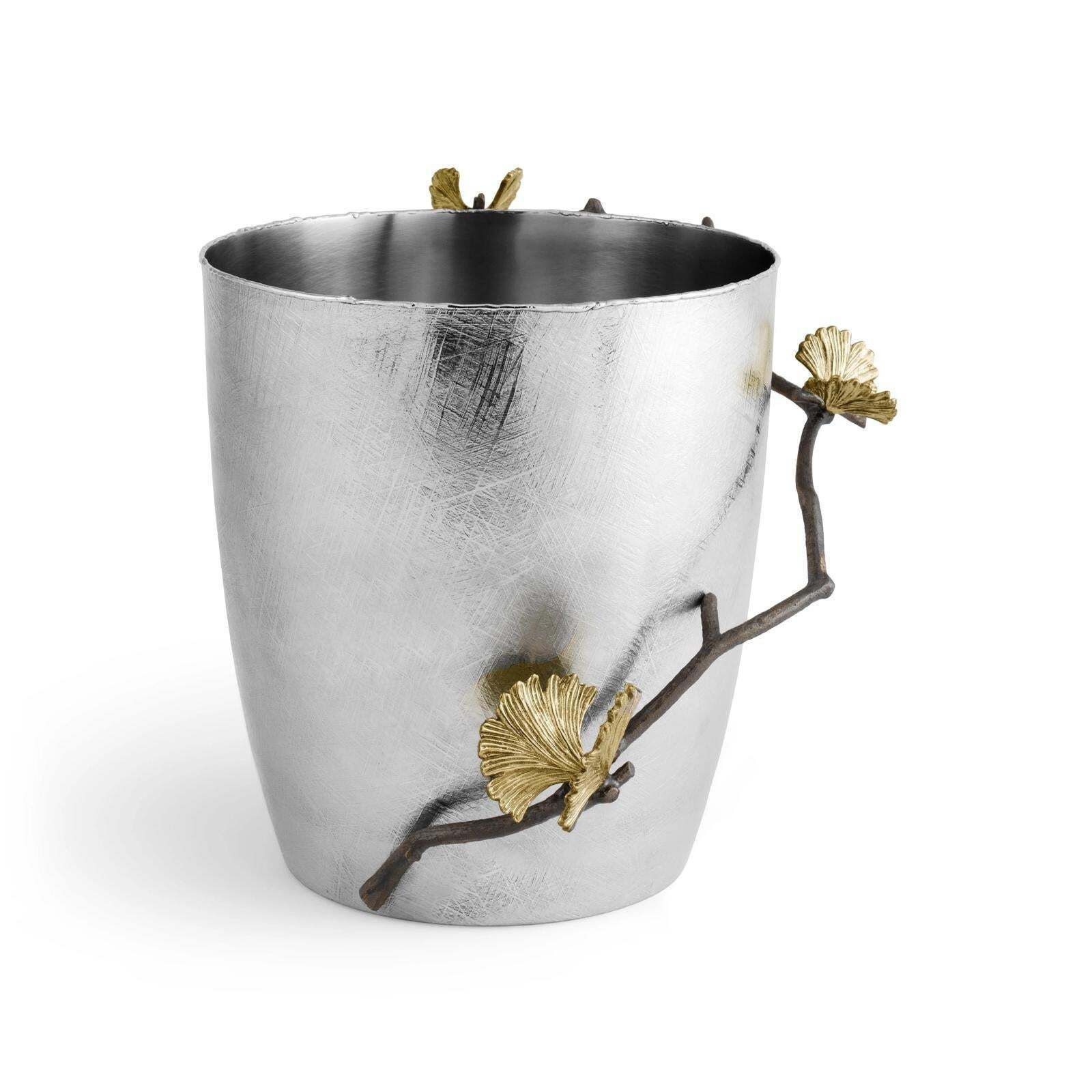 Pair Of Modern Silver Metal Ginkgo Ice Bucket, Decorative Barware photo Home Decor