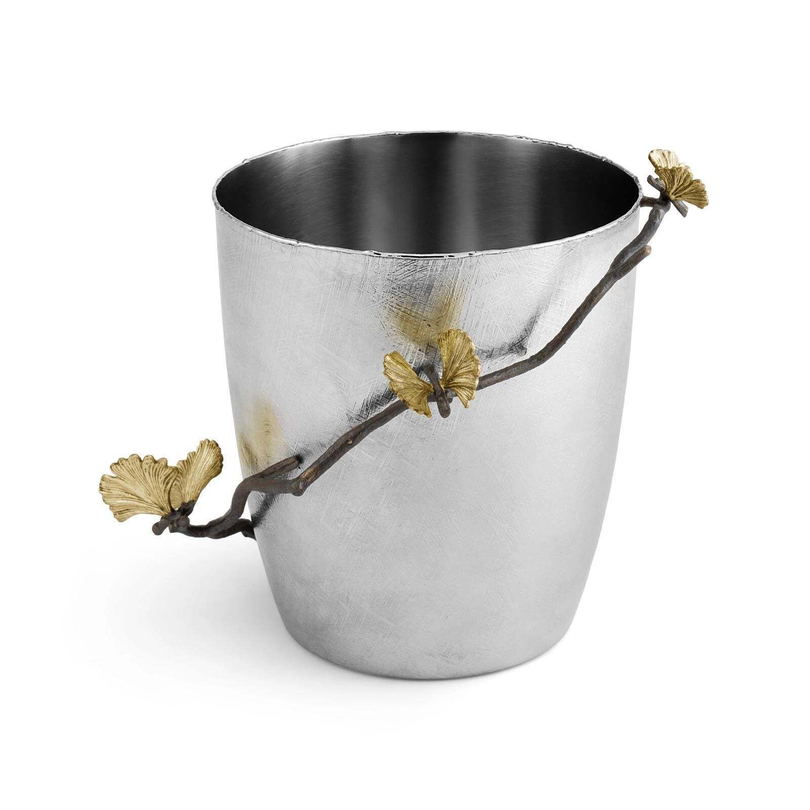 Pair Of Modern Silver Metal Ginkgo Ice Bucket, Decorative Barware photo 983.0