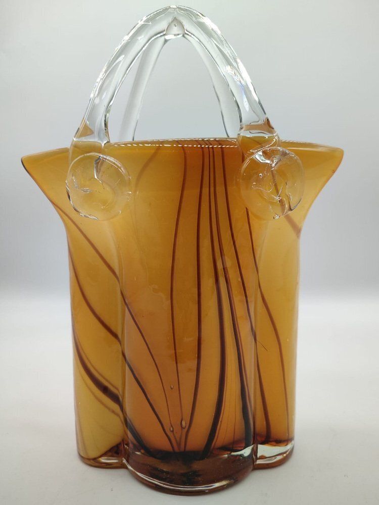 Large Mid Century Modern Sommerso Art Glass Basket Vase In Amber And Brown, 1970s