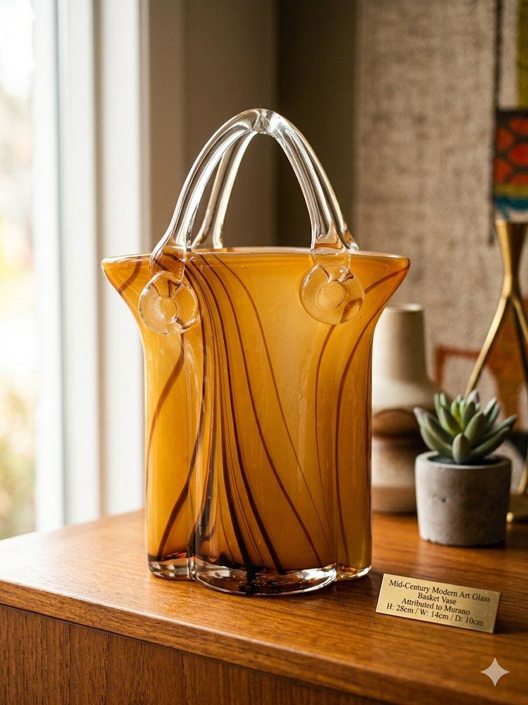 Large Mid Century Modern Sommerso Art Glass Basket Vase In Amber And Brown, 1970s photo furniture