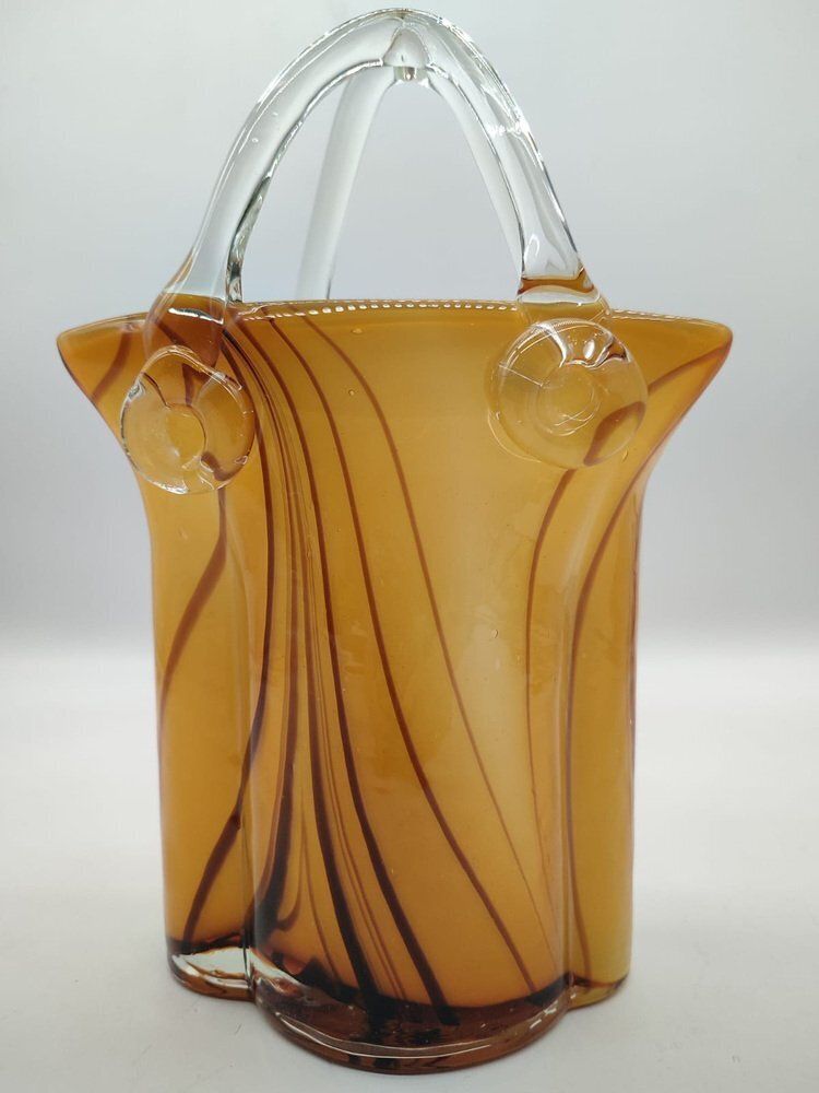 Large Mid Century Modern Sommerso Art Glass Basket Vase In Amber And Brown, 1970s photo for sale
