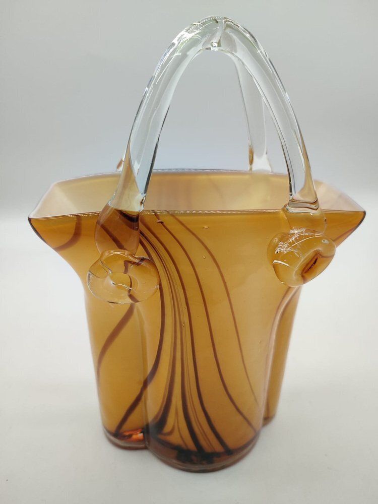 Large Mid Century Modern Sommerso Art Glass Basket Vase In Amber And Brown, 1970s photo Home Decor