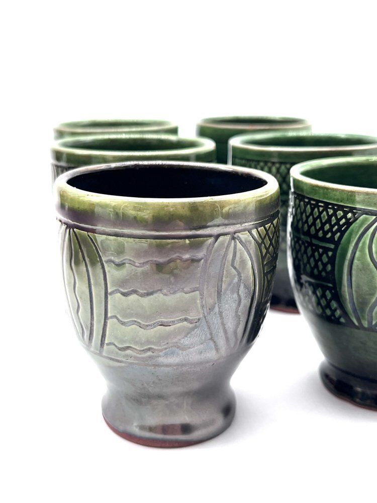 photo buy Mid Century Modern Ceramic Set Pitcher And Mugs With Sgraffito Decoration, Italy, 1960s, Set Of 7