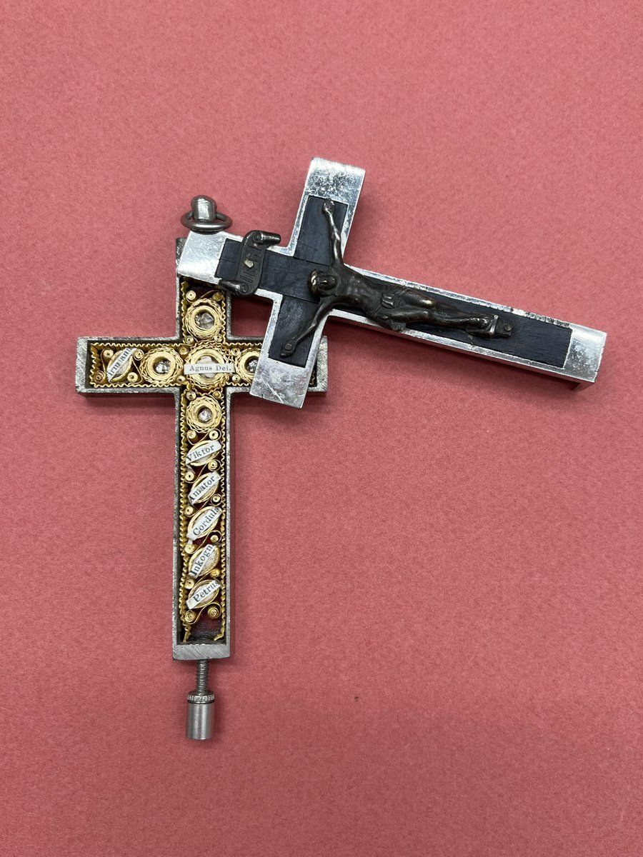 photo for sale Renaissance Revival Reliquary Cross, Ebony With Intricate Paperole Monastic Filigree Work And Agnus Dei, Ca. 1870