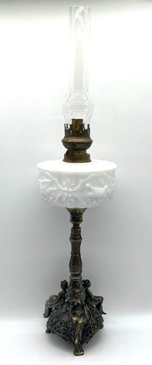 French Art Nouveau Kerosene Lamp In Cast Brass And Opal Glass, 1890s photo for sale