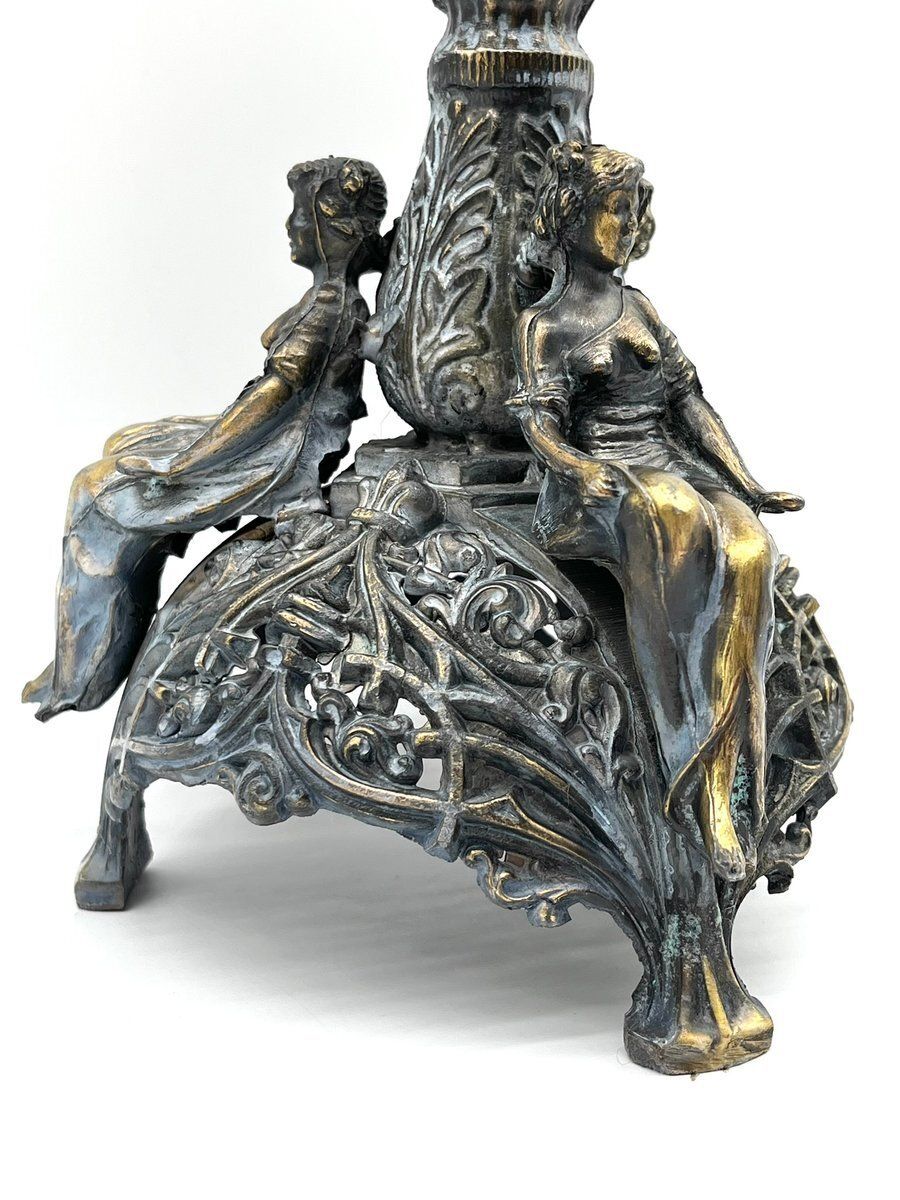 French Art Nouveau Kerosene Lamp In Cast Brass And Opal Glass, 1890s photo 647.0