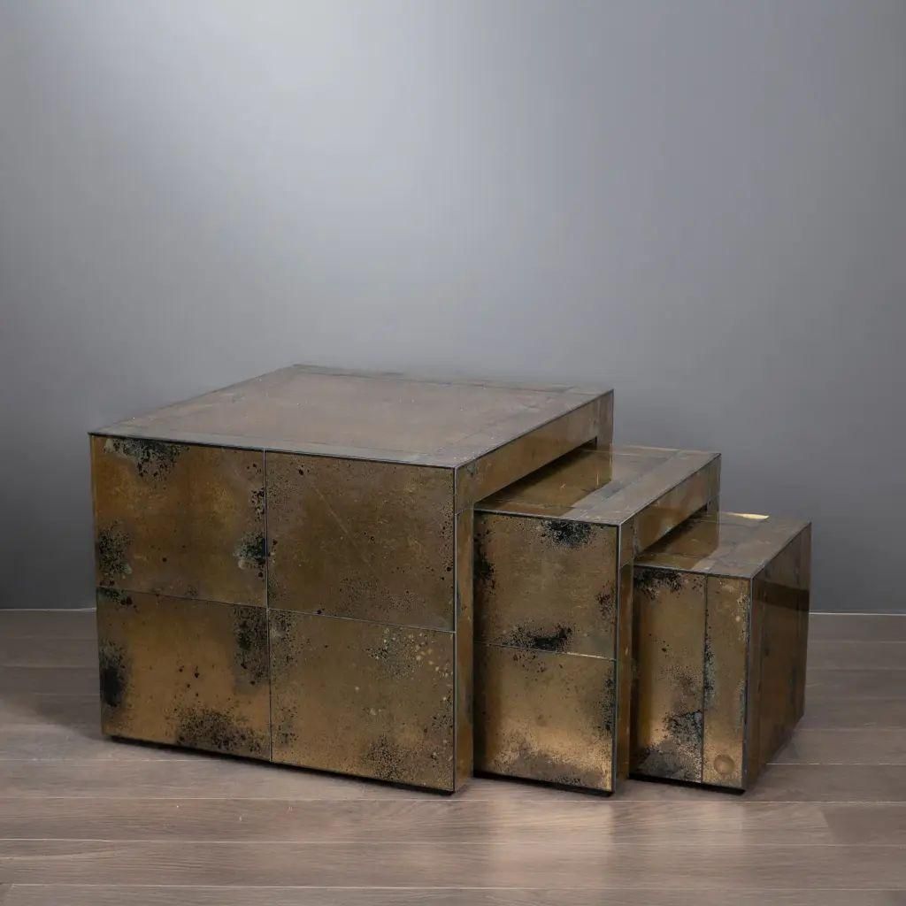 Set Of Three Gold Oxidized Mirror Nesting Tables Seventies Style photo for sale