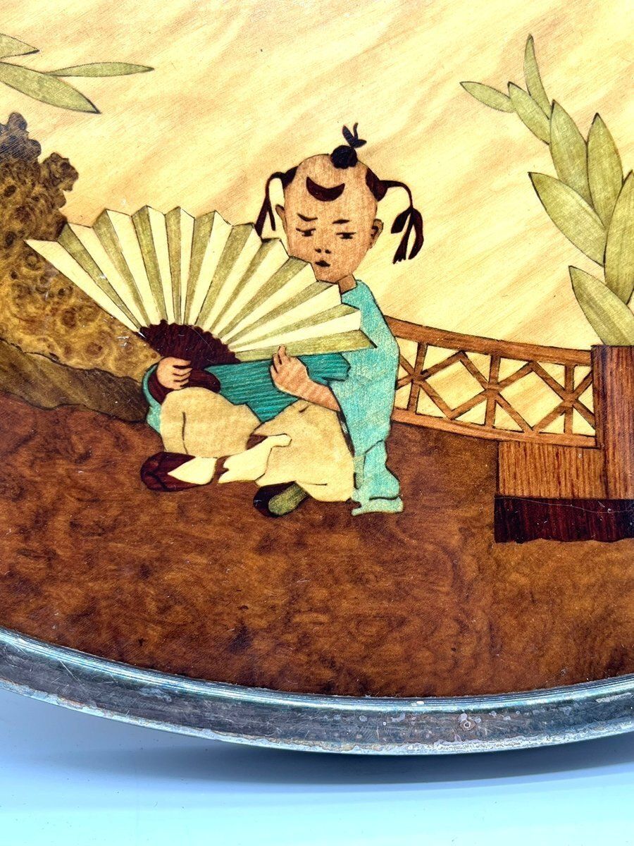 photo furniture Asian Round Inlaid Turntable With Rural Scenes, 1960s