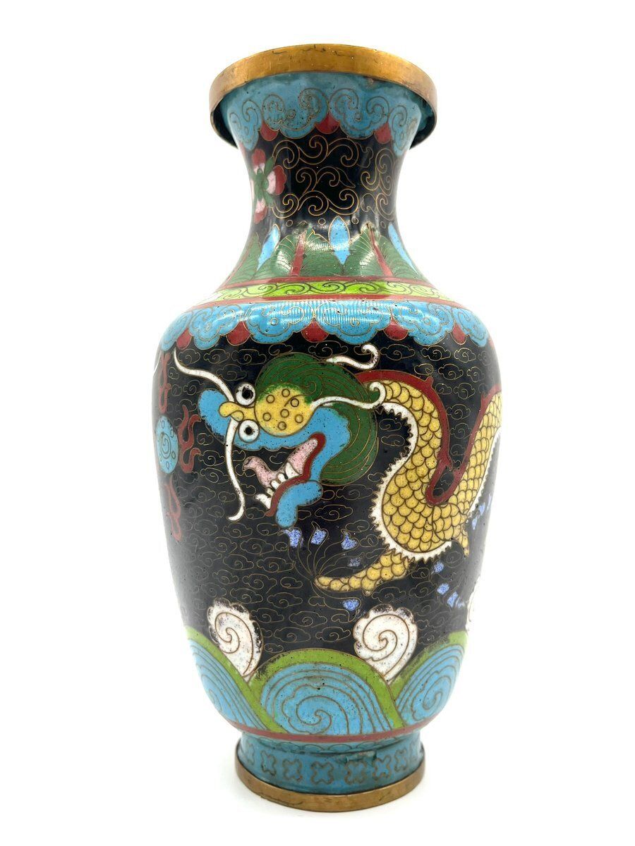 Antique Cloisonné Vase With Dragon Motif Enamel And Brass, China, 1900s photo for sale