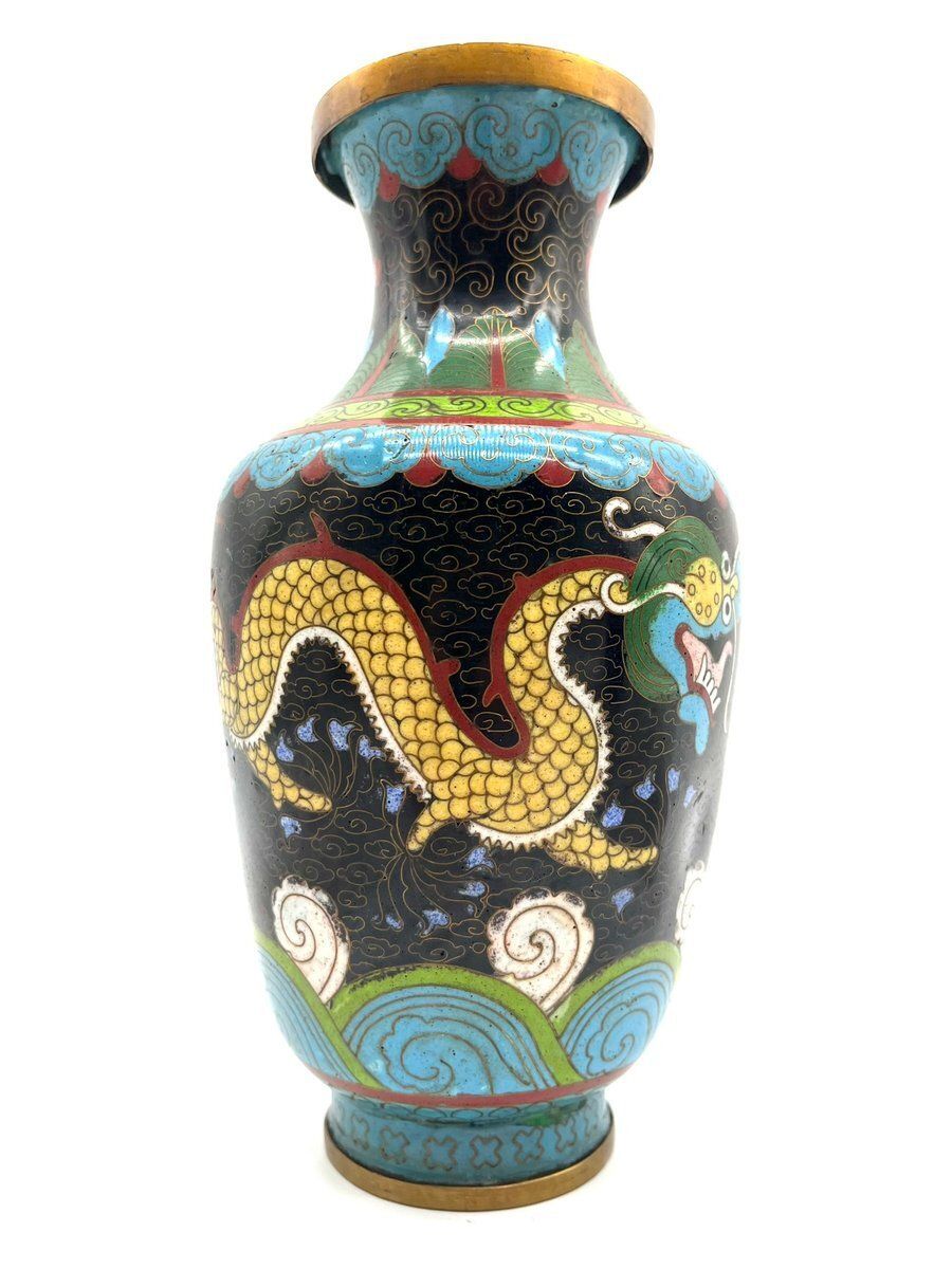 Antique Cloisonné Vase With Dragon Motif Enamel And Brass, China, 1900s photo Home Decor