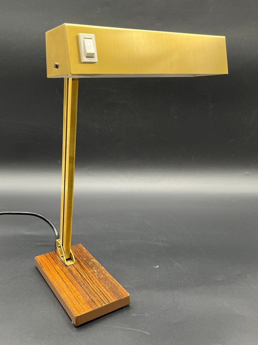 Vintage Brass Bankers Lamp With Wood Veneer Base By Pfäffle, 1960s