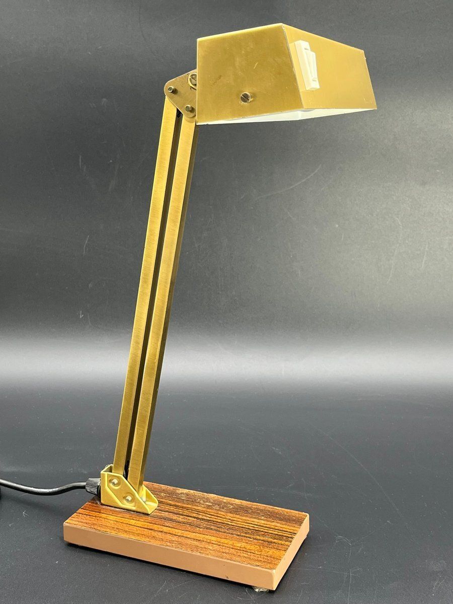 Vintage Brass Bankers Lamp With Wood Veneer Base By Pfäffle, 1960s photo Lighting