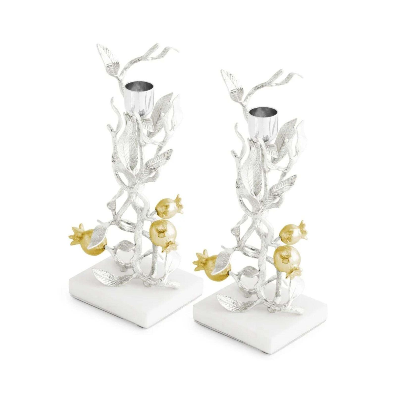 Set Of 4 Contemporary Silver And Gold Metal Pomegranate Candleholders photo for sale