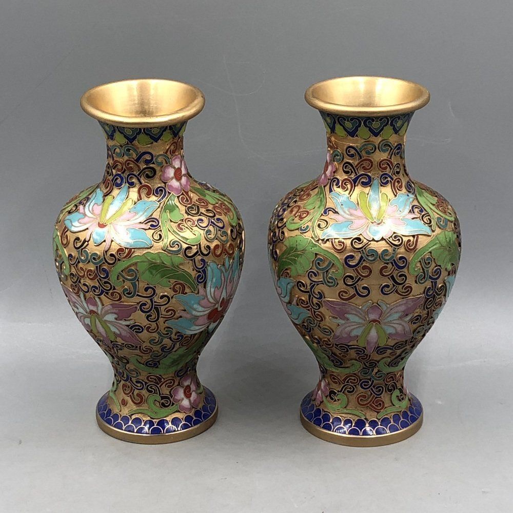 Champlevé Cloisonné Vase, China, 1900s, Set Of 2 photo for sale
