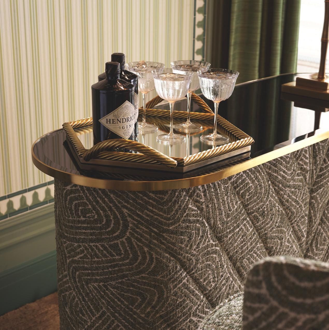 Oval Bar In Brushed Brass Black Glass And Camari Green Fabric photo for sale