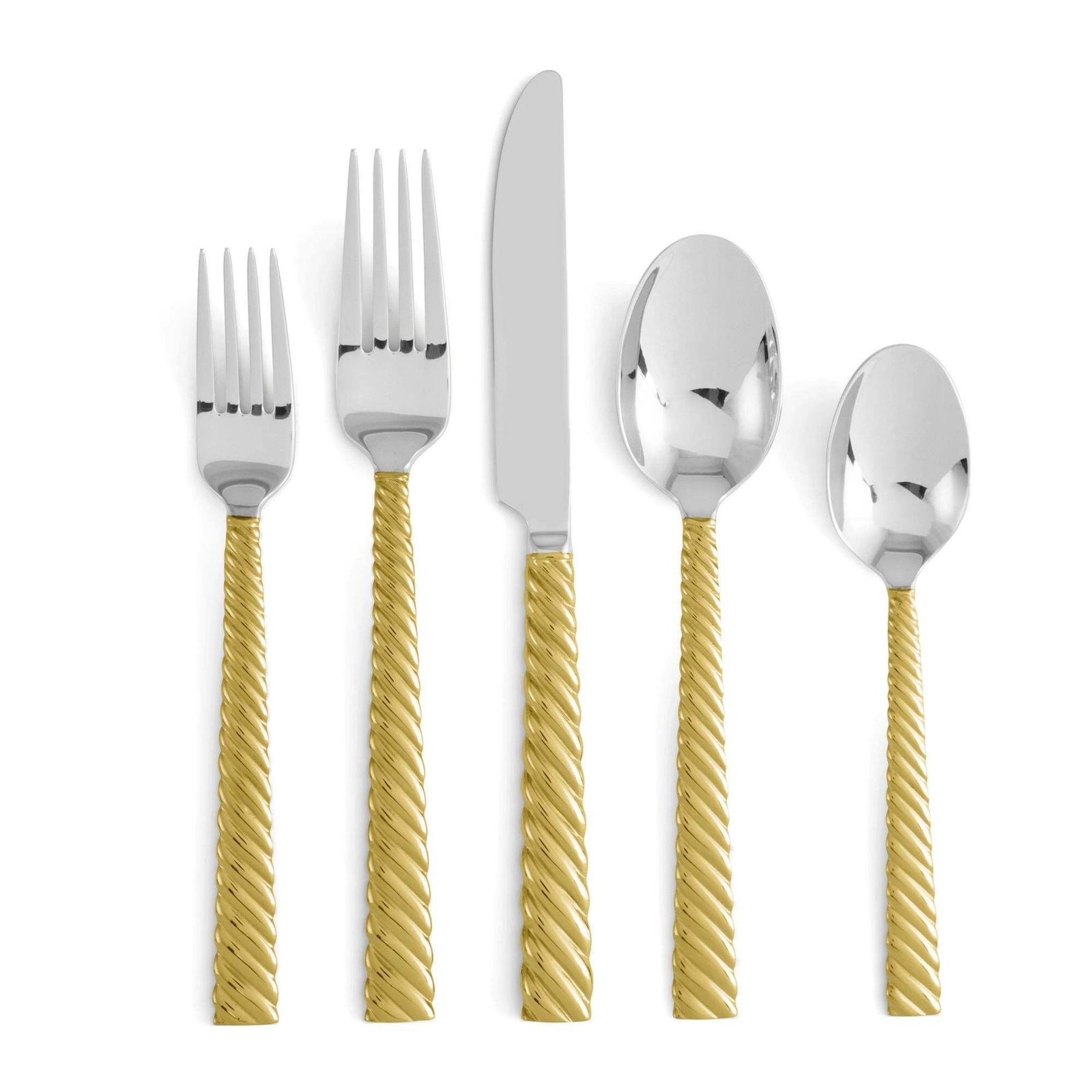 Ten Set Of 5 Piece Contemporary Gold Stainless Steel Twist Handle Flatware photo vinterior