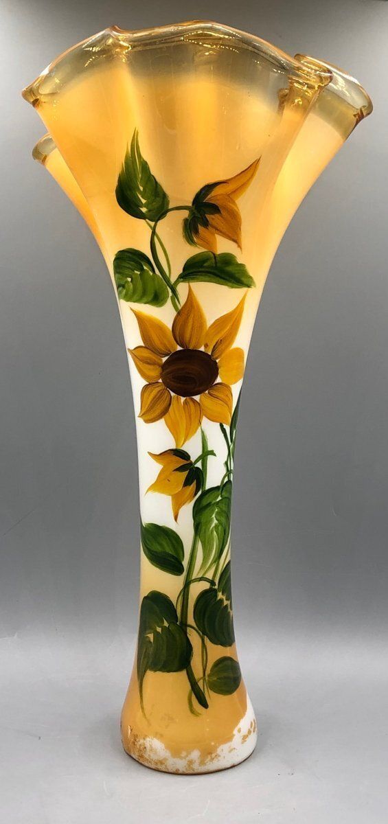 Large Antique Art Nouveau Glass Vase Hand Painted With Sunflowers