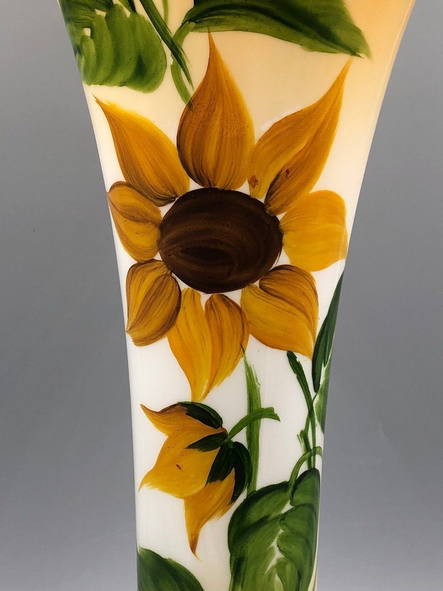 Large Antique Art Nouveau Glass Vase Hand Painted With Sunflowers photo furniture