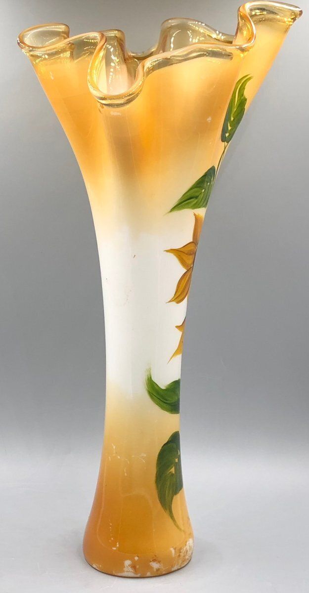 Large Antique Art Nouveau Glass Vase Hand Painted With Sunflowers photo for sale
