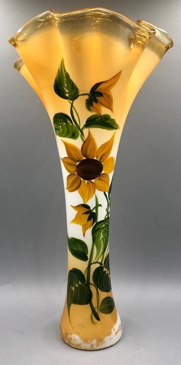 Large Antique Art Nouveau Glass Vase Hand Painted With Sunflowers photo vinterior