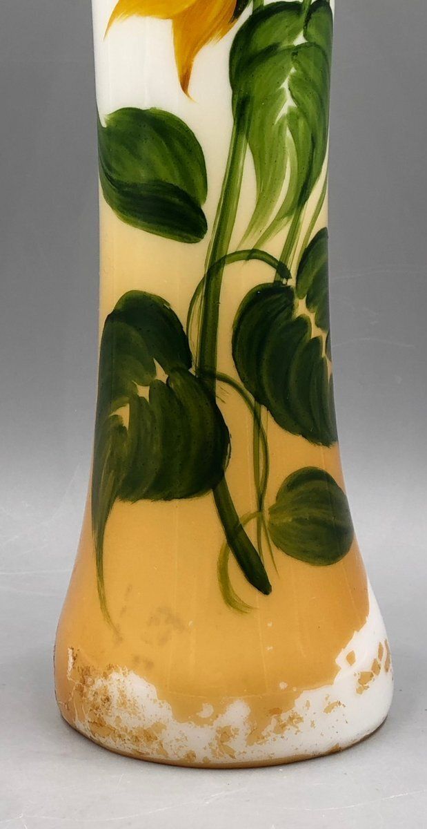 Large Antique Art Nouveau Glass Vase Hand Painted With Sunflowers photo buy