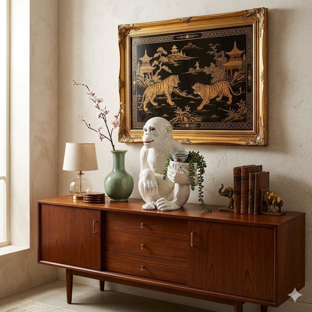 Large Hollywood Regency Monkey Sculpture / Cachepot In Majolica, Italy, 1960s photo furniture
