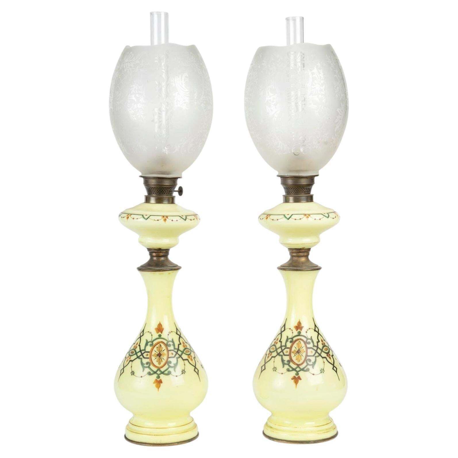 Pair Of Oil Lamps, Painted Opaline Glass With Crystal Shades, 19th Century.