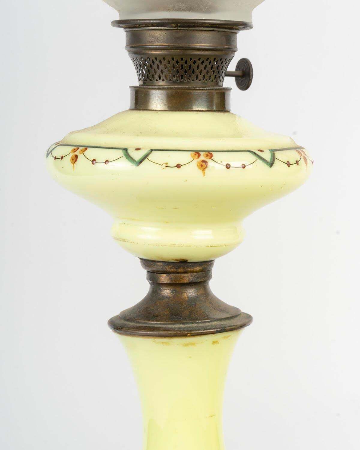 Pair Of Oil Lamps, Painted Opaline Glass With Crystal Shades, 19th Century. photo Lighting