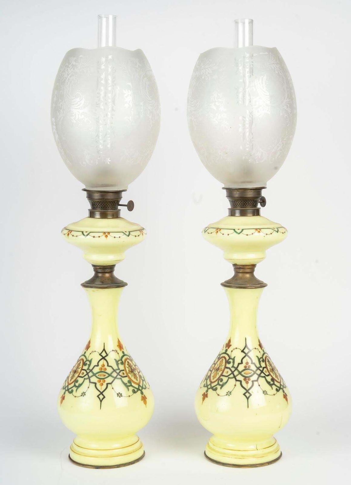 Pair Of Oil Lamps, Painted Opaline Glass With Crystal Shades, 19th Century. photo buy