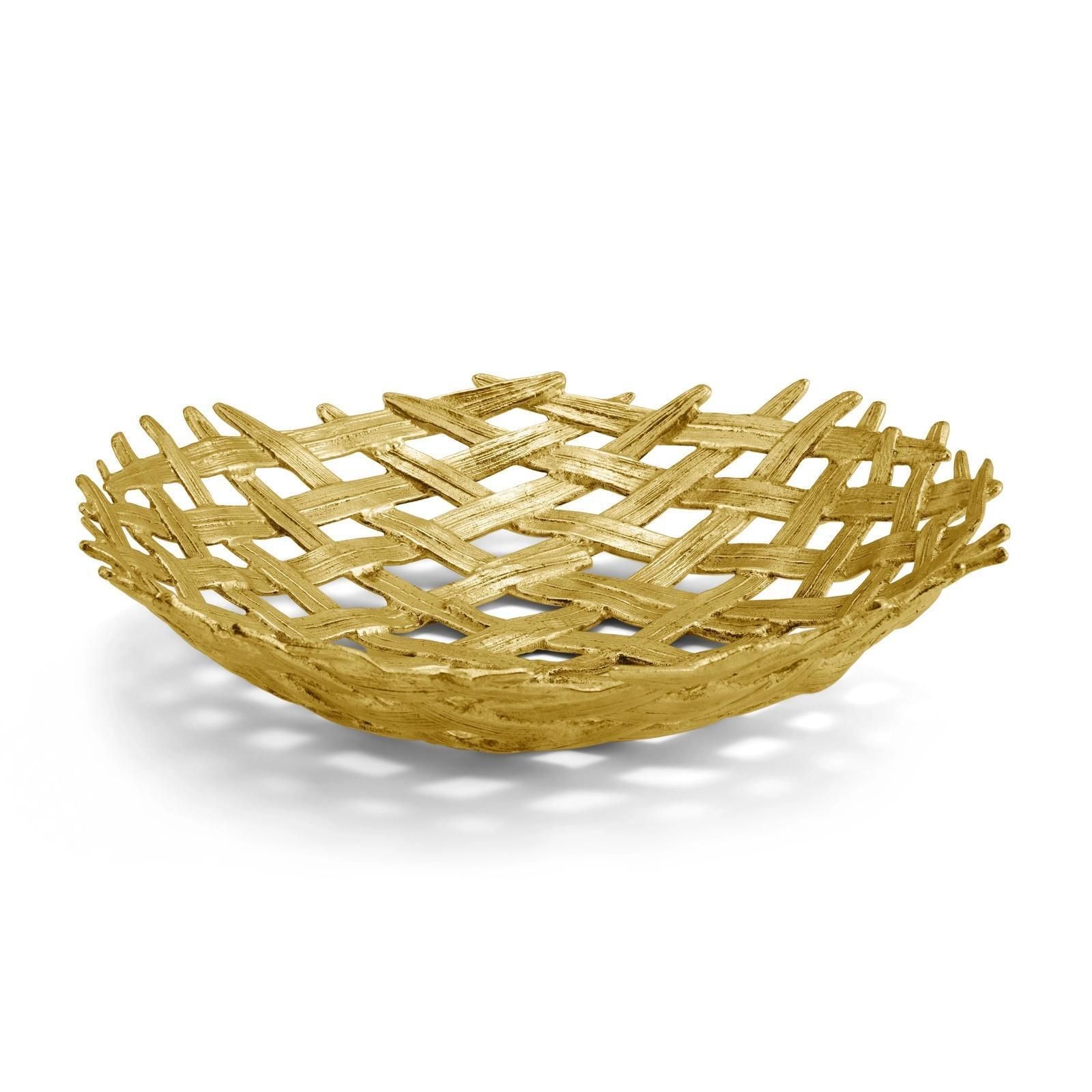 Pair Of Contemporary Gold Metal Palm Weave Decorative Centerpiece Bowl photo vinterior