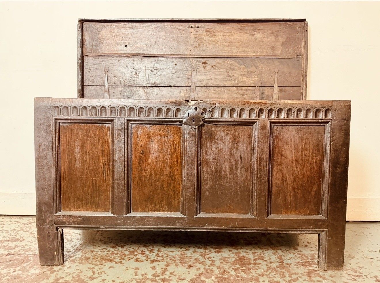 photo for sale A Rare & Beautiful 320 Year Old James II Antique Oak Panelled Coffer C1690
