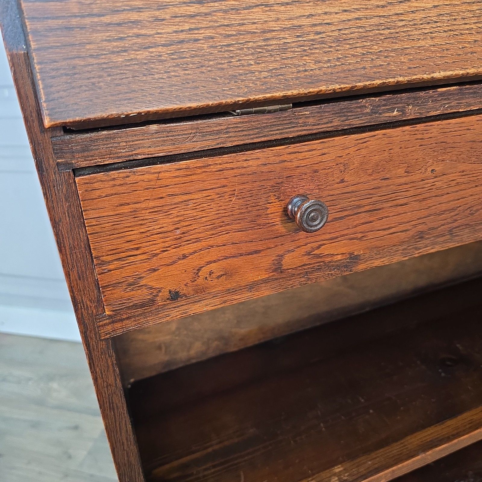 Antique Oak Bureau Bookcase Narrow Fall Front Students Writing Desk Solid Wood photo Furniture