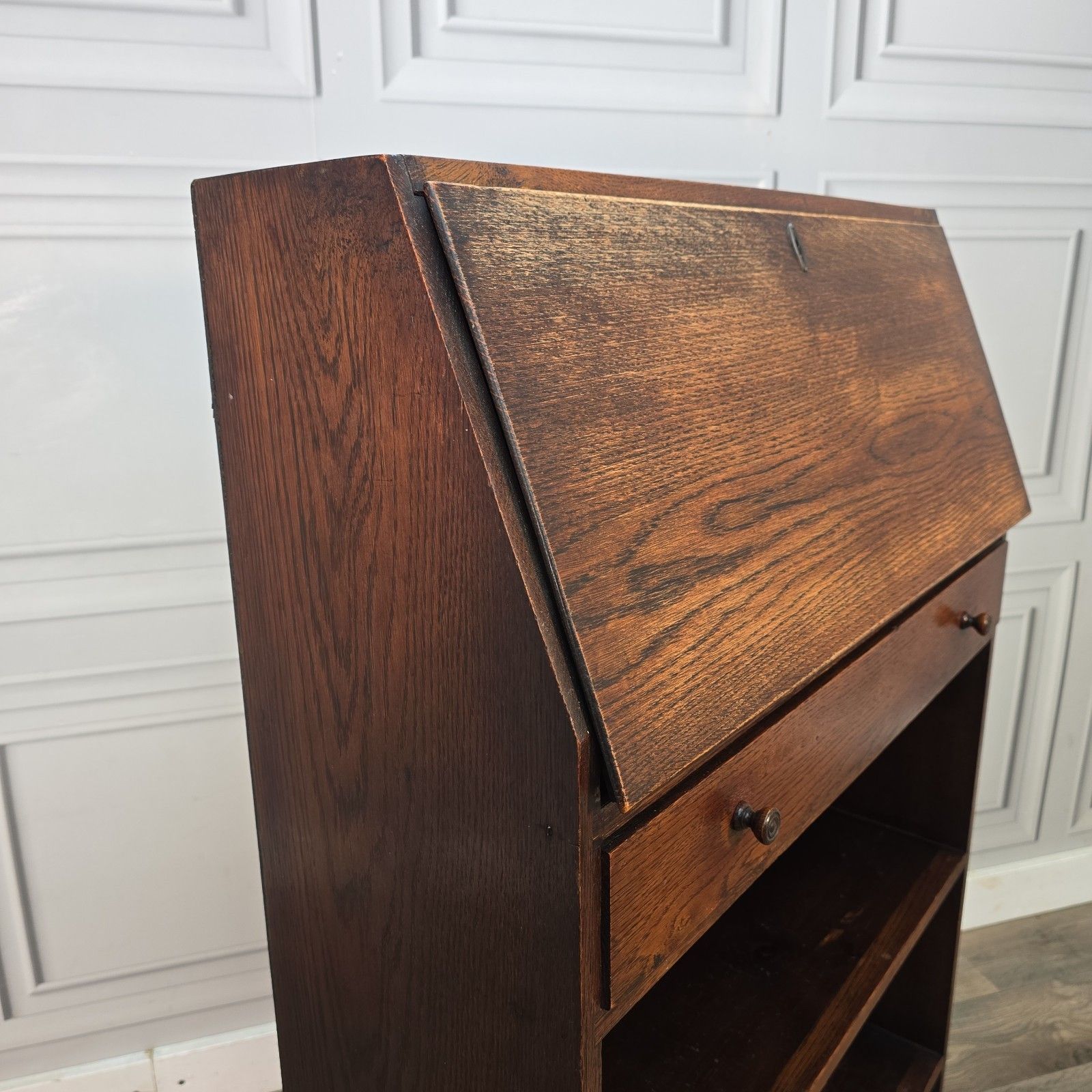photo furniture Antique Oak Bureau Bookcase Narrow Fall Front Students Writing Desk Solid Wood