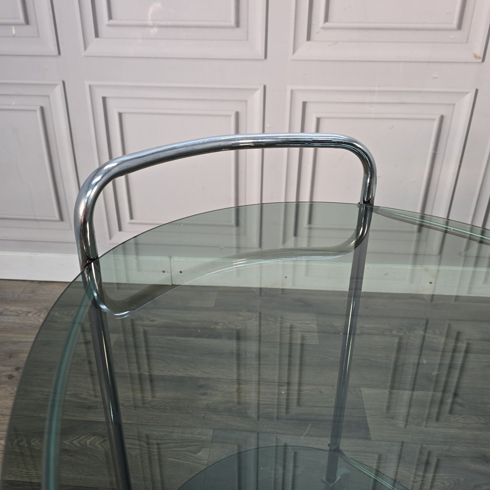 Furniture Vintage Chrome Drinks Trolley Smoked Glass Bar Cocktail Tea Cart Retro Mcm photo