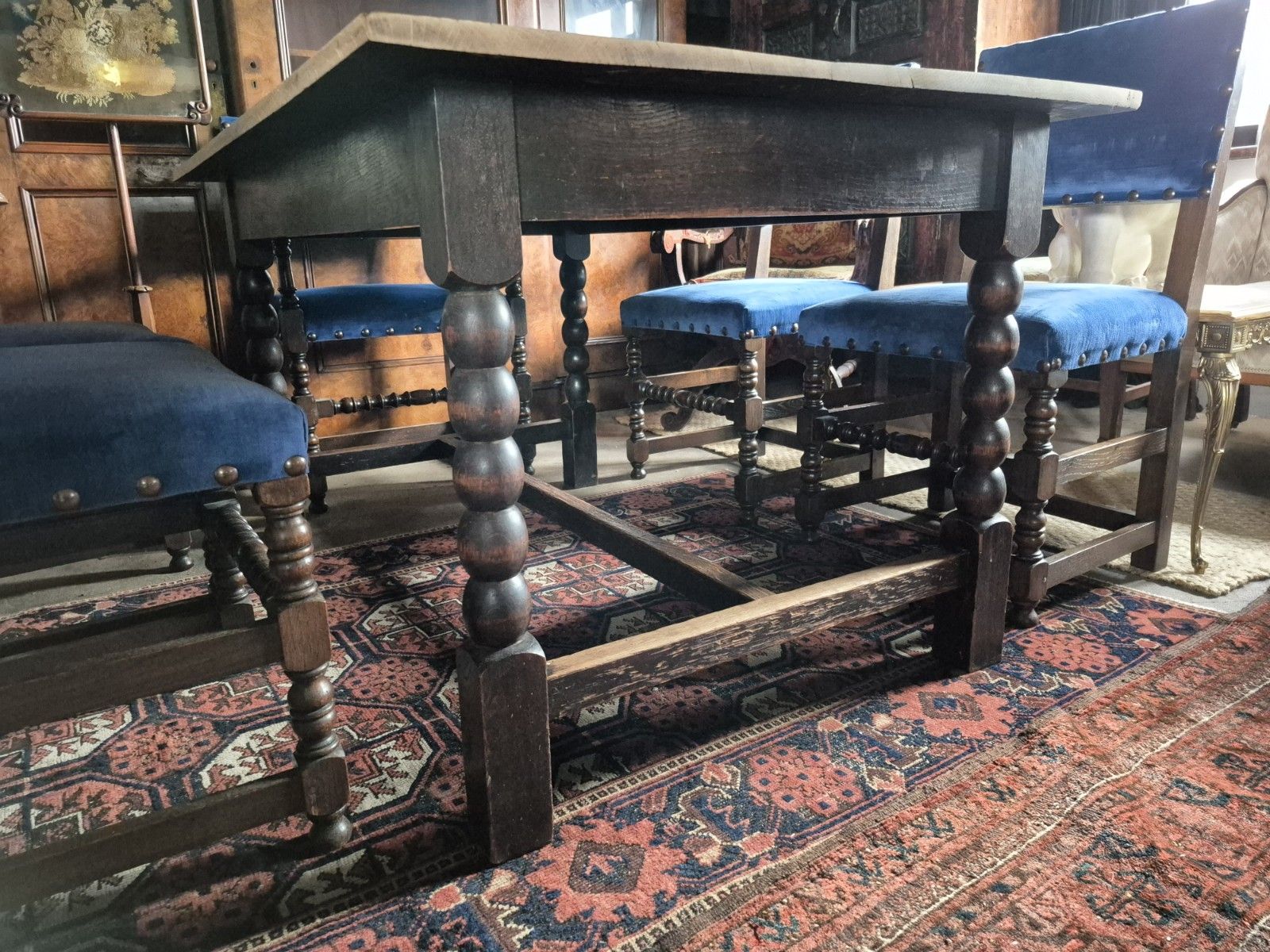 Very Handsome 1930s Bobbin Turned Oak Jacobean Revival H Stretcher Dining Table photo furniture