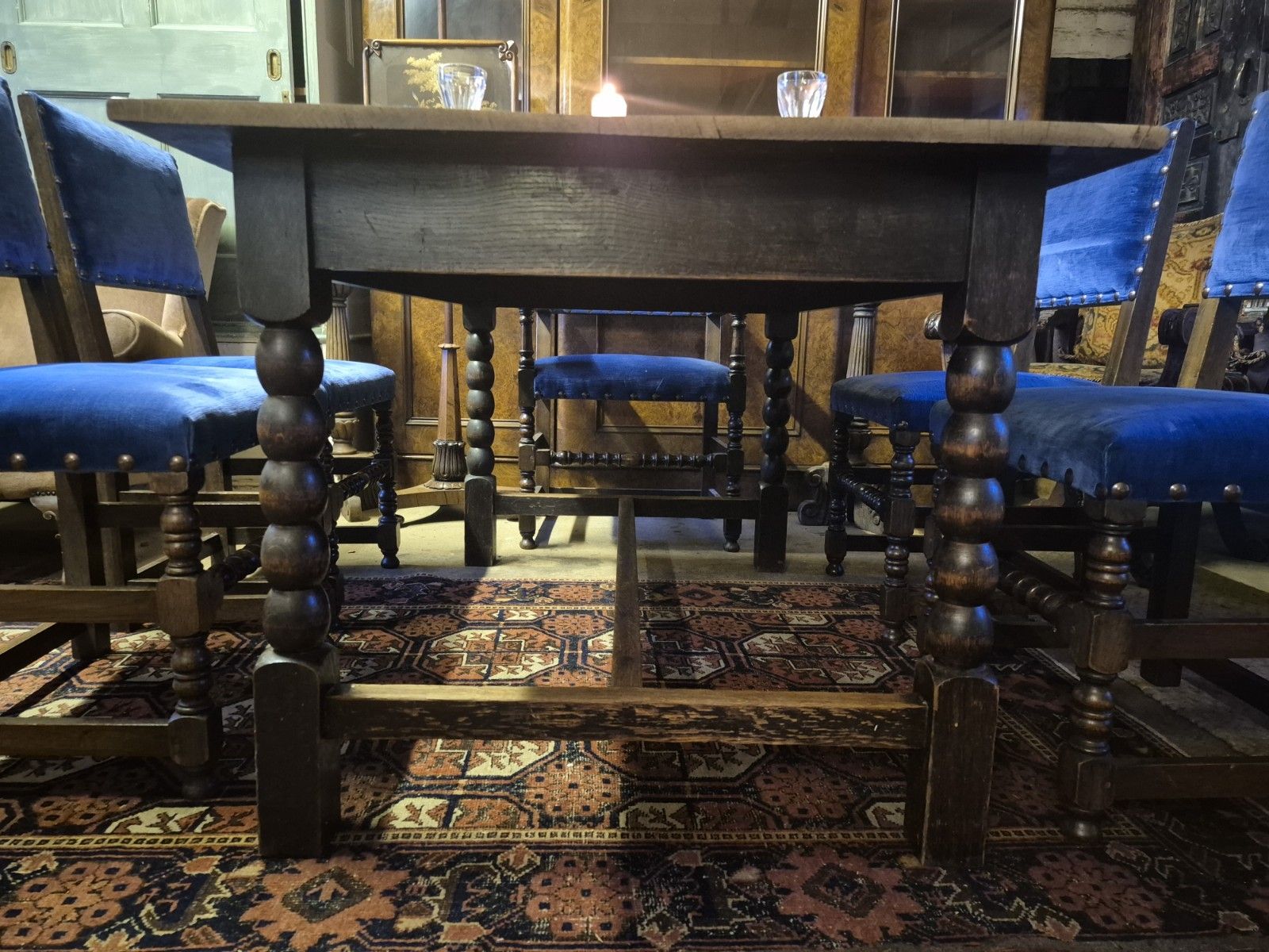 Very Handsome 1930s Bobbin Turned Oak Jacobean Revival H Stretcher Dining Table photo for sale