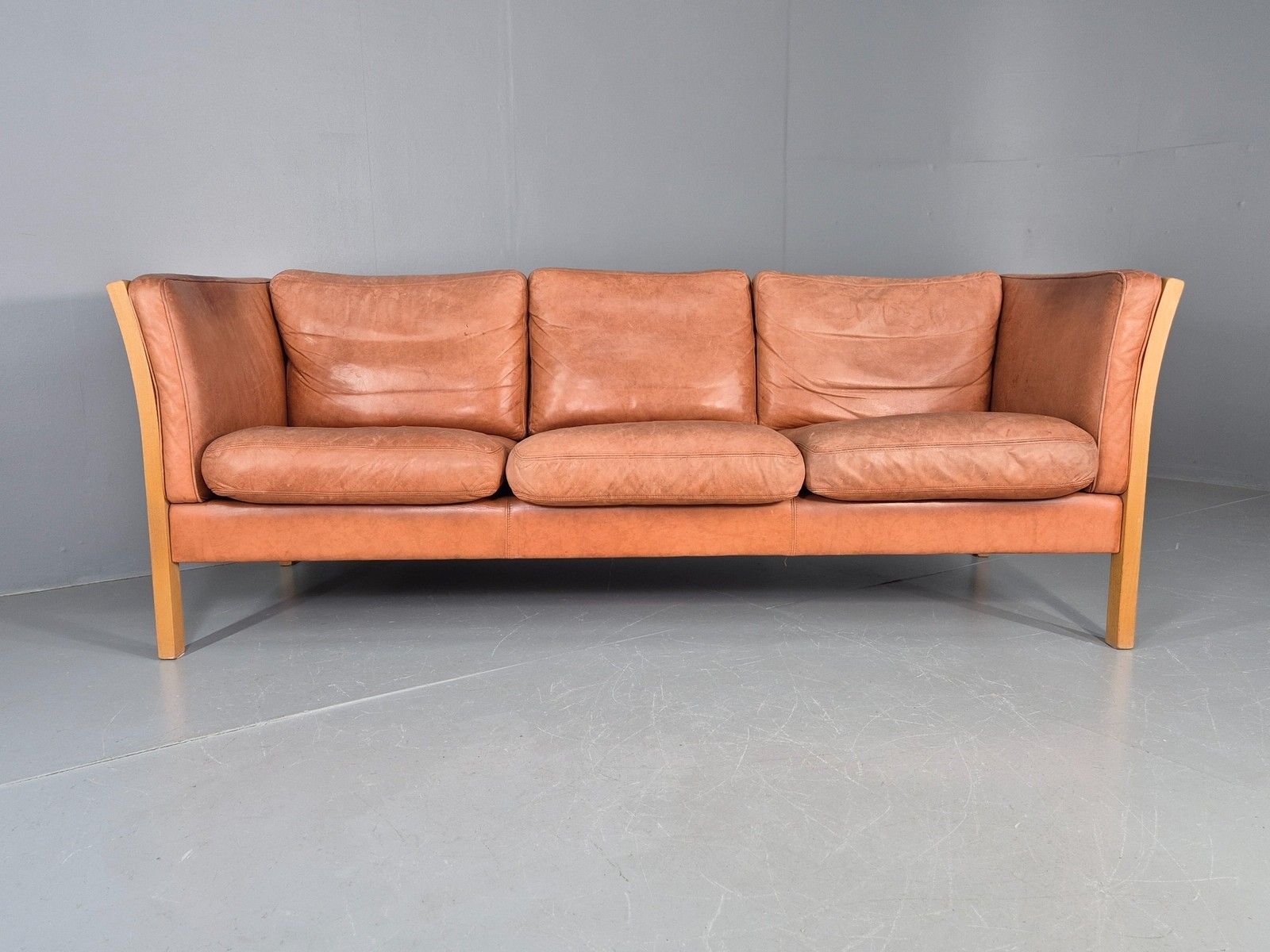 Vintage 3 Seater Sofa Tan Leather Stouby Style 1980s Retro Mcm Eb10104 photo 500.0