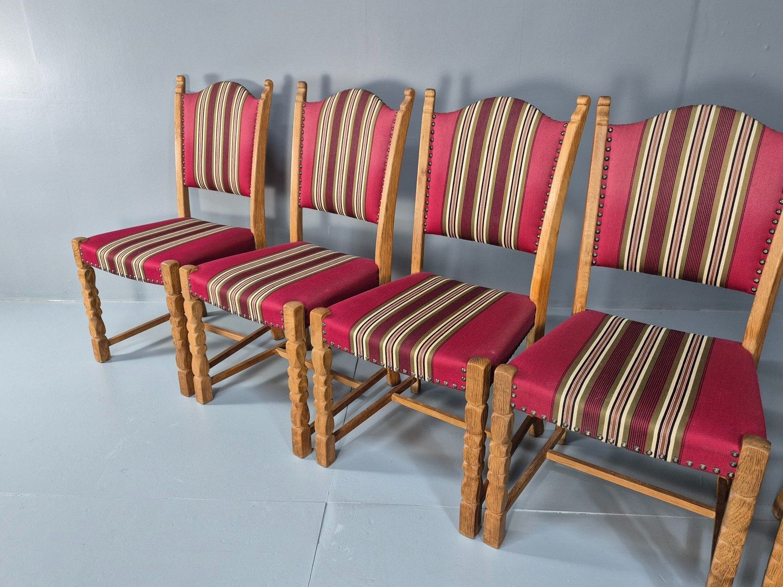 6 Vintage Kjaernulf Style Danish Oak Dining Chairs 1970s Retro Red Wool Eb9535 photo for sale