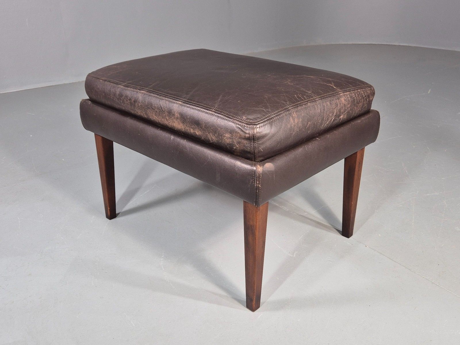 Vintage Mid Century Footstool Danish 1960s Retro Brown Leather Eb12225 photo for sale