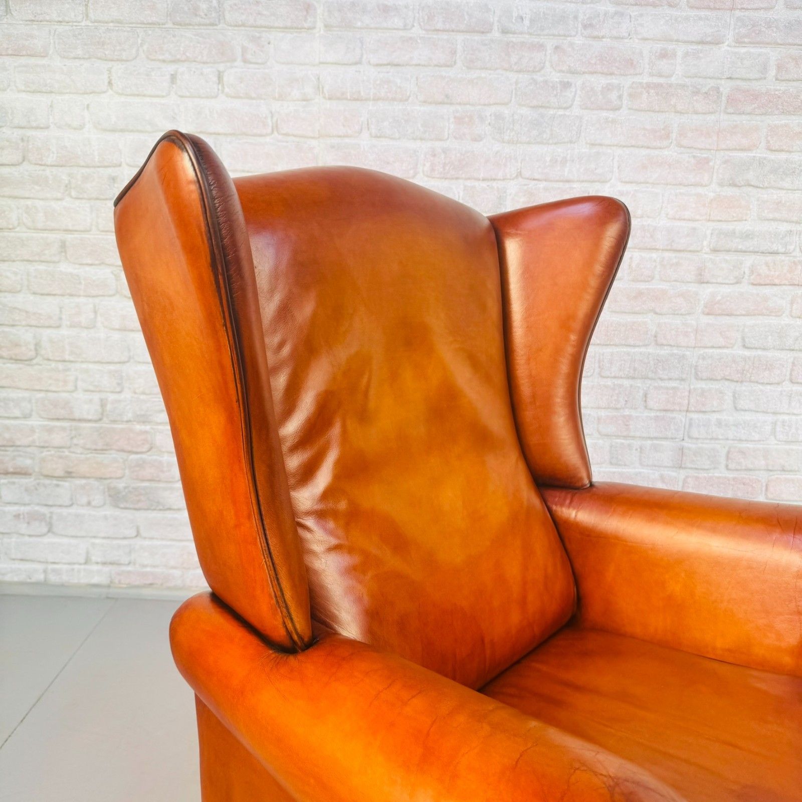 Vintage Danish Wingback Chair Tan Leather | Scandinavian Lounge Armchair photo buy