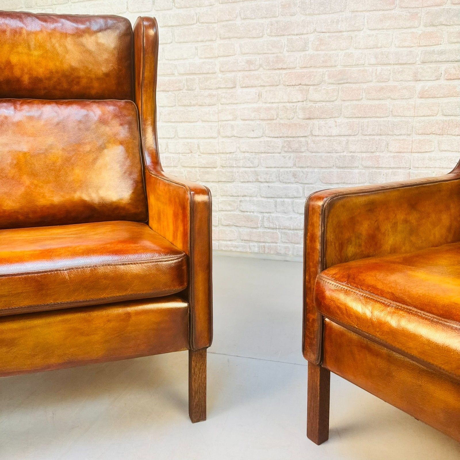 Pair Vintage Danish Wingback Chairs & Footstool Tan Leather Lounge Set photo buy