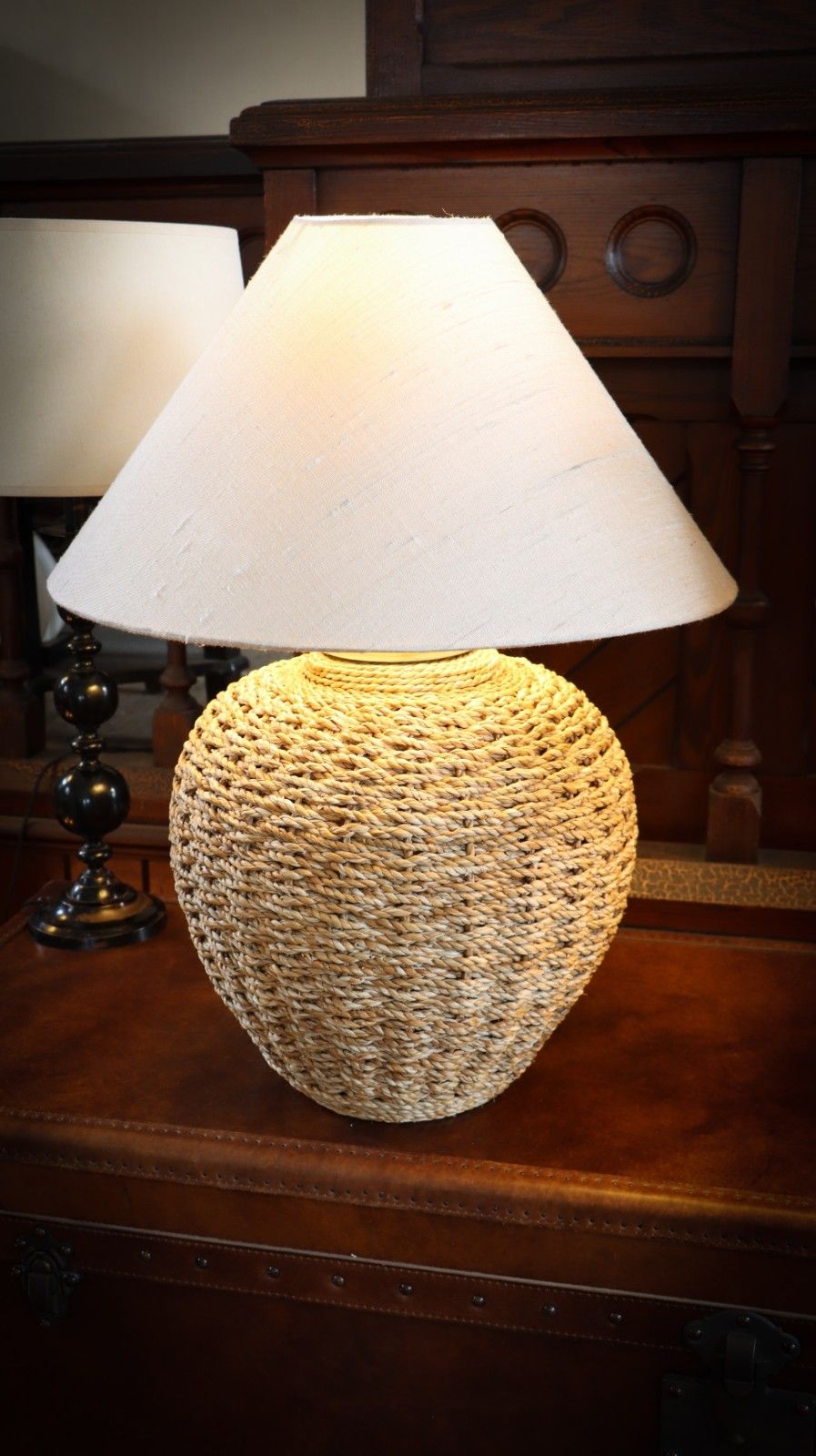 Stunning Pair Large Lombok Natural Rattan Woven Table Lamps Pure Silk Shades photo vinterior