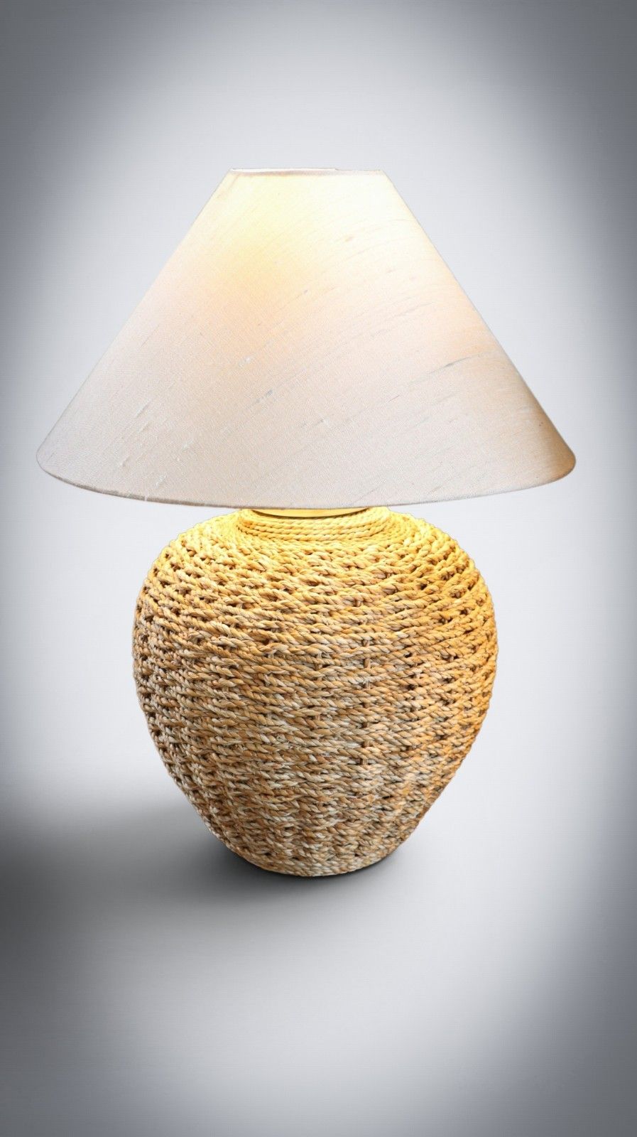 Lighting Stunning Pair Large Lombok Natural Rattan Woven Table Lamps Pure Silk Shades photo
