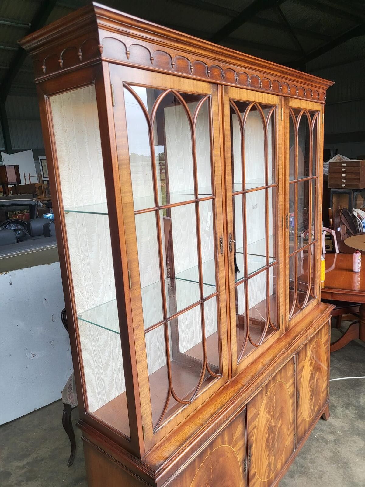 Antique Repro Large 3 Door Glazed Bookcase Cabinet Shelves photo for sale
