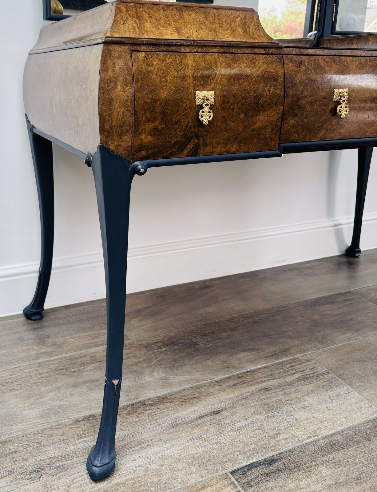 Art Deco Walnut Burr And Navy Dressing Table photo Furniture
