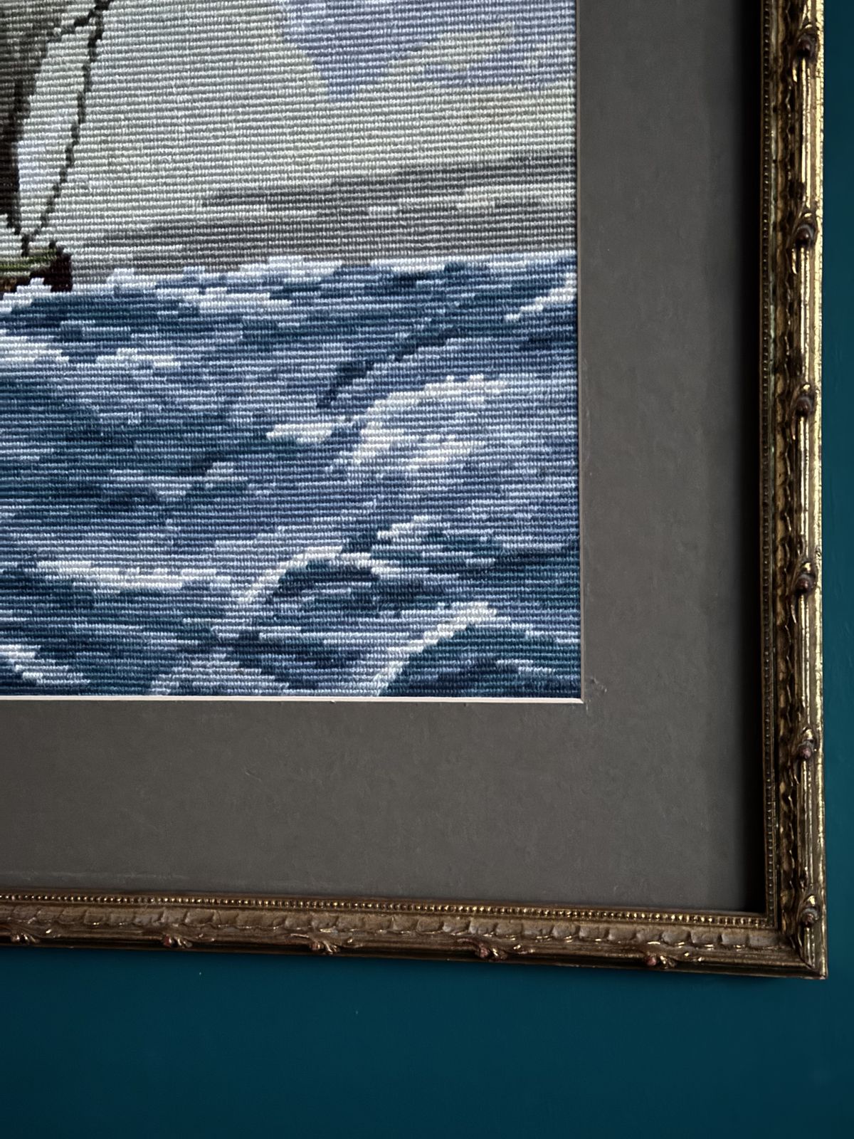 Large Vintage Wiehler Gobelin Tapestry "On High Seas" – Professionally Framed Mid Century Maritime Artwork photo vinterior